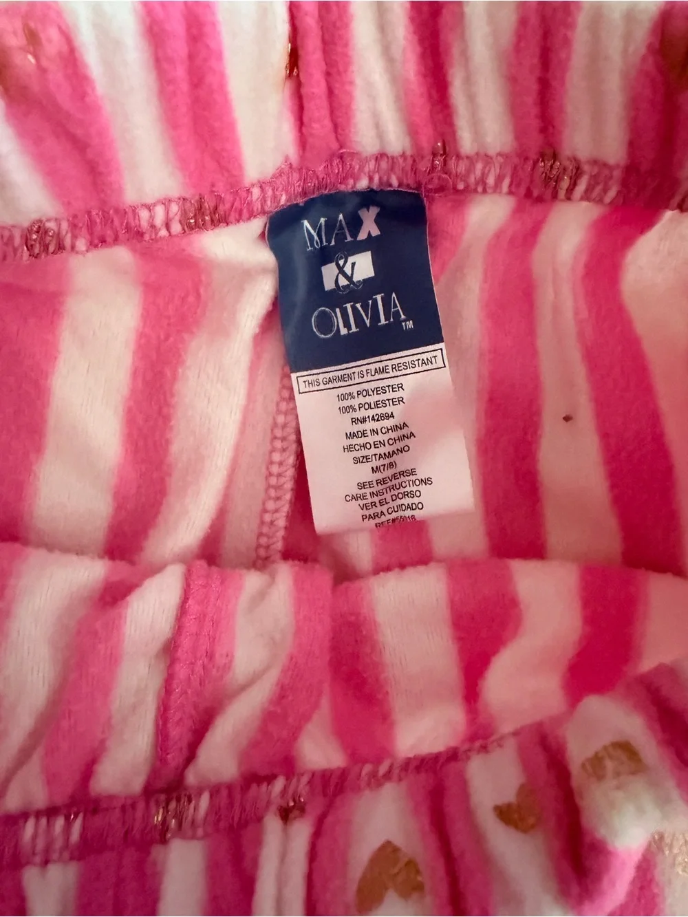 Max & Olivia Girls Pink Striped Fleece Pajama Set Size 7/8 Gold Hearts